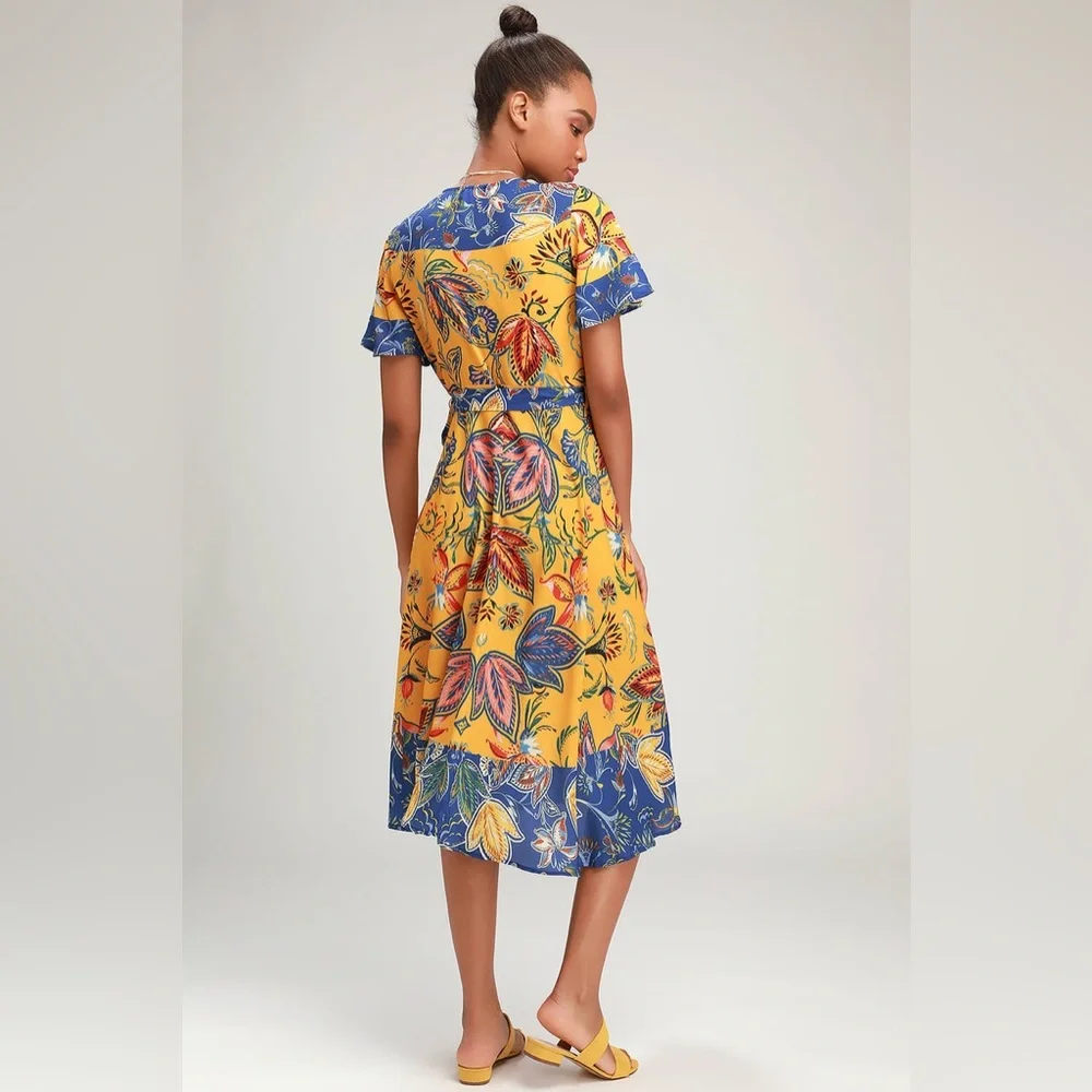 Lulus Atlantis Blue & Yellow Print Wrap Midi Dress - Picture 2 of 9